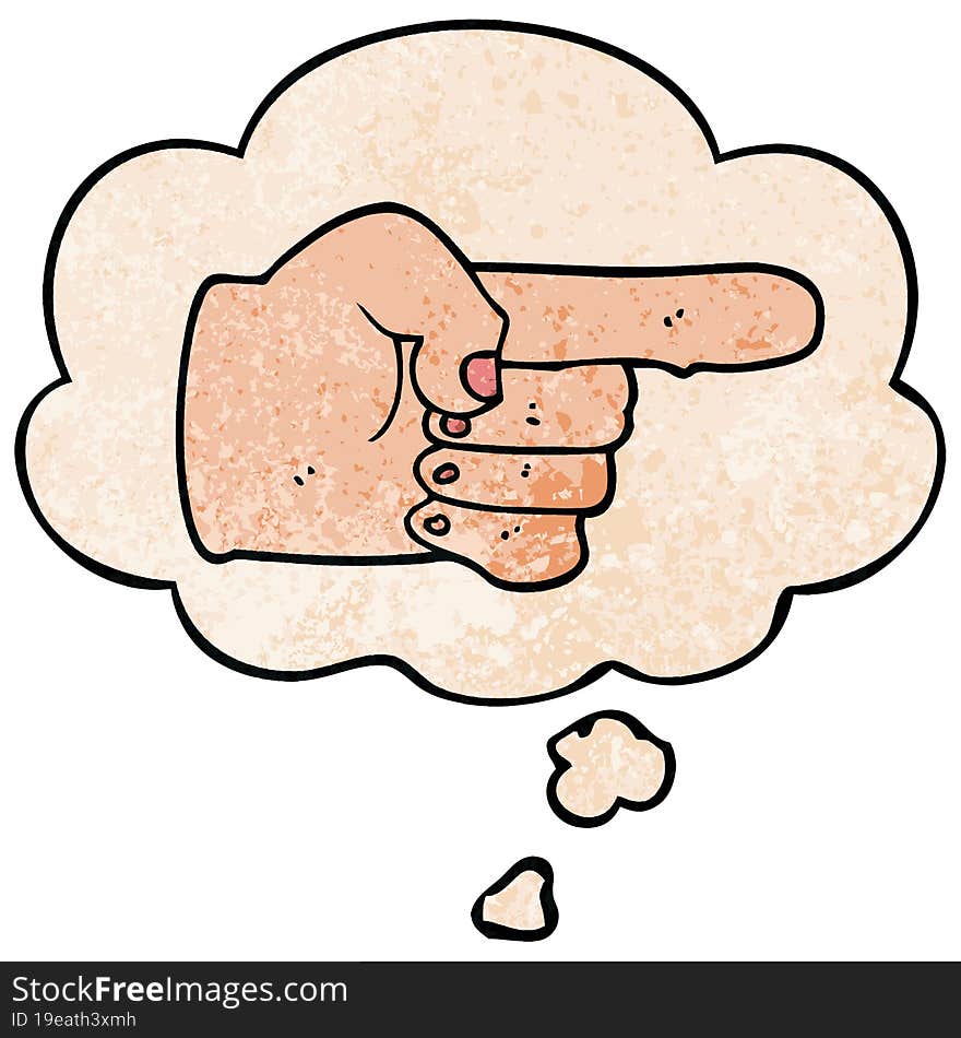 cartoon pointing hand and thought bubble in grunge texture pattern style