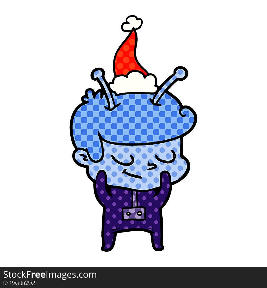 shy comic book style illustration of a spaceman wearing santa hat