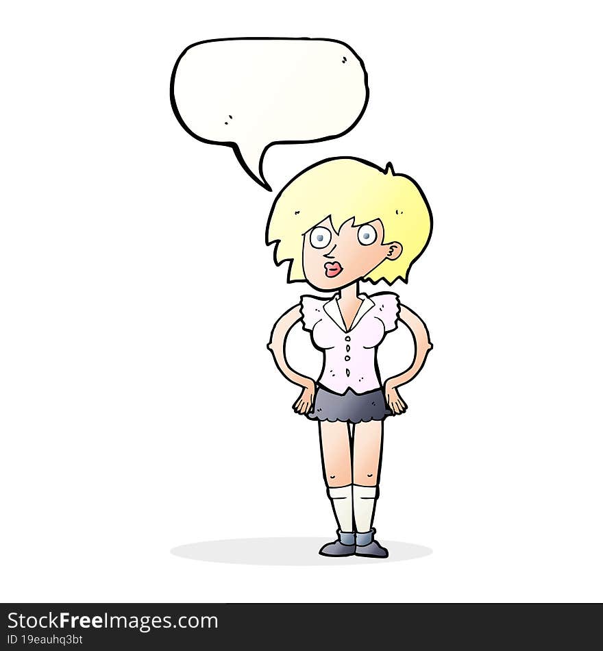 cartoon surprised woman with hands on hips with speech bubble