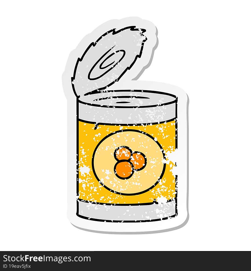 Distressed Sticker Cartoon Doodle Of A Can Of Peaches