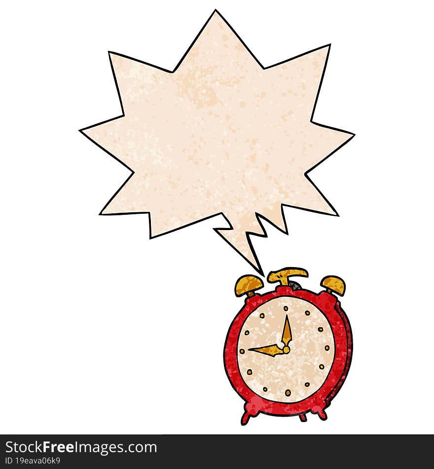 cartoon alarm clock and speech bubble in retro texture style