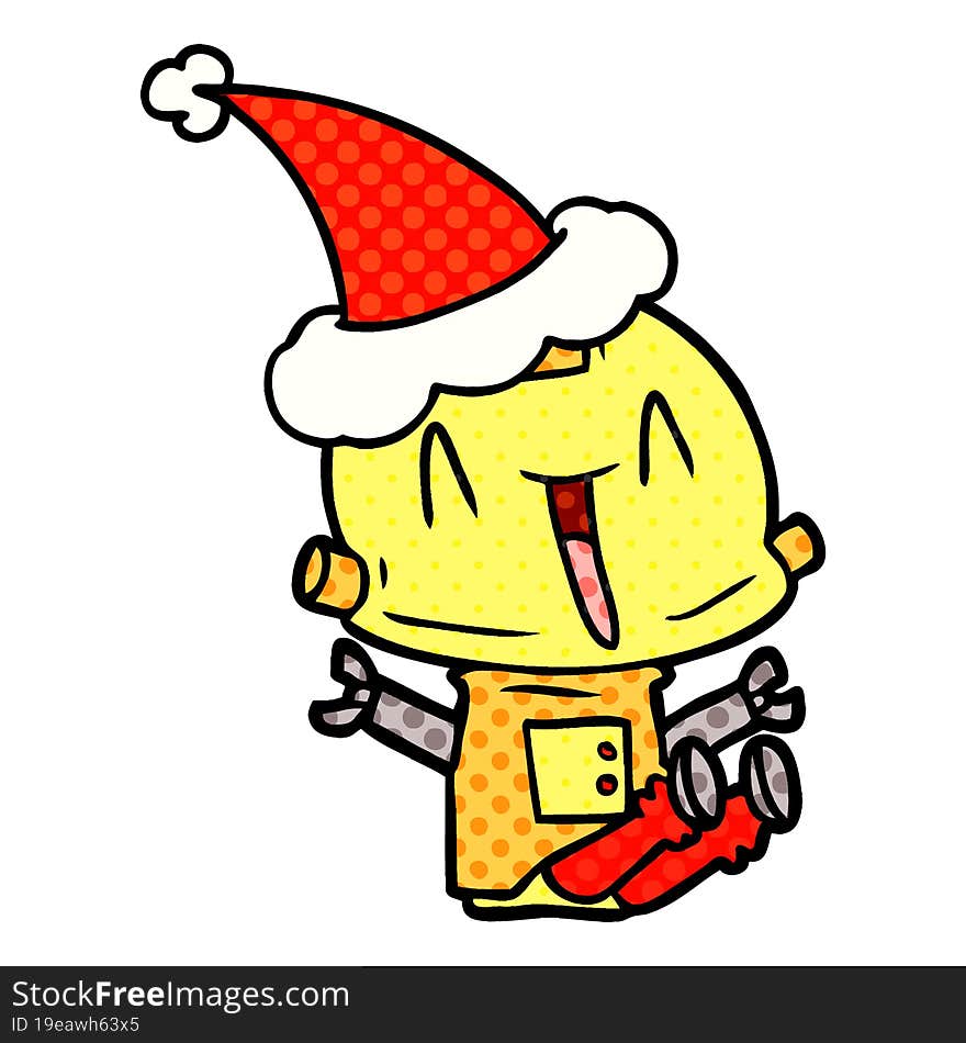 comic book style illustration of a robot wearing santa hat