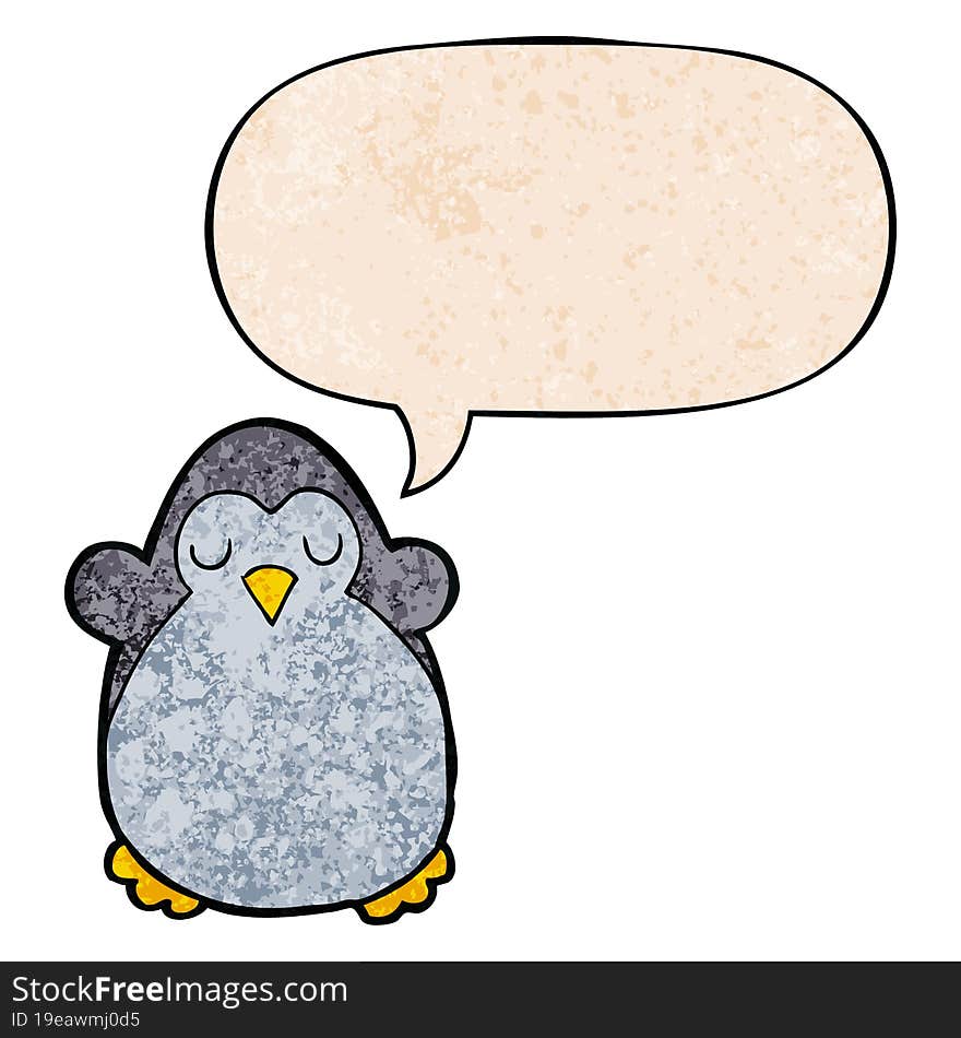 cartoon penguin and speech bubble in retro texture style