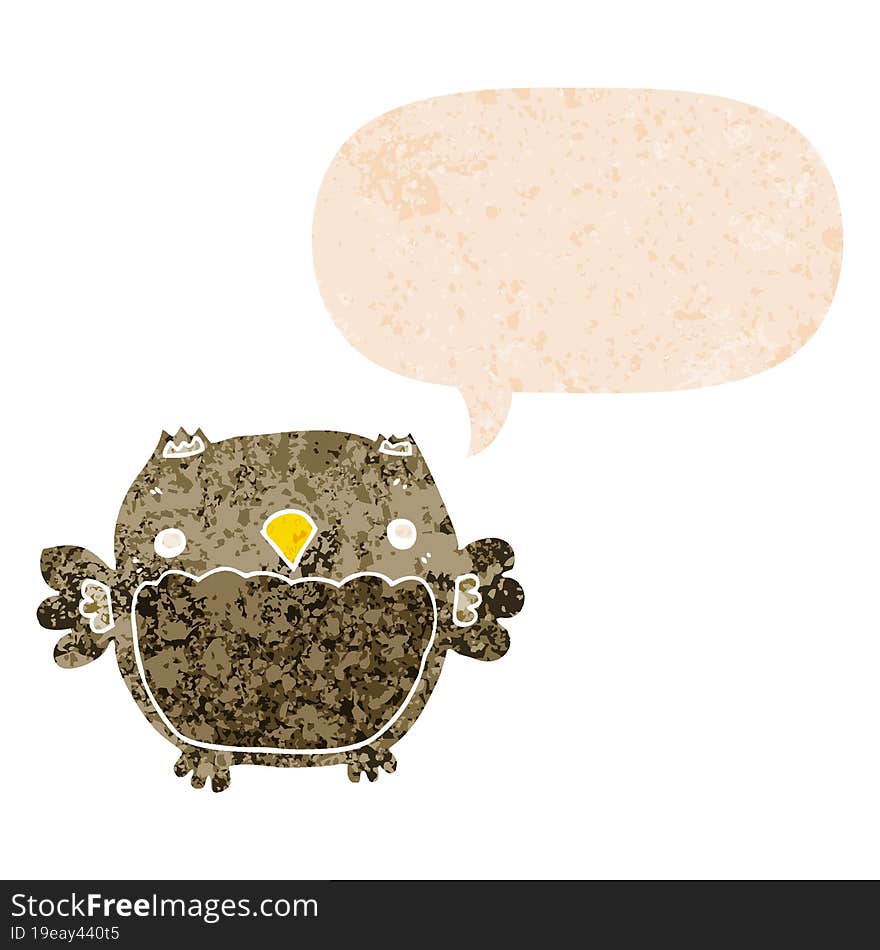 cartoon owl and speech bubble in retro textured style