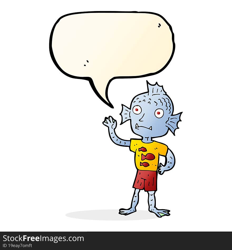 Cartoon Waving Fish Boy With Speech Bubble