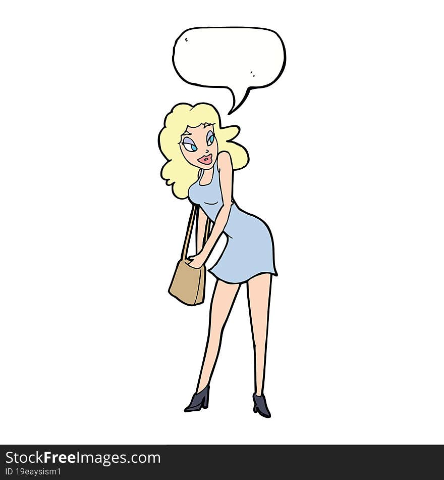 cartoon woman looking in handbag with speech bubble