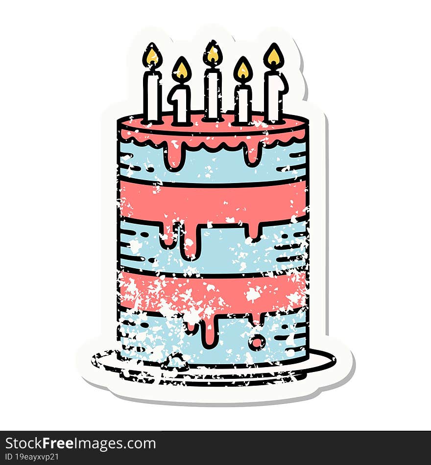 Traditional Distressed Sticker Tattoo Of A Birthday Cake