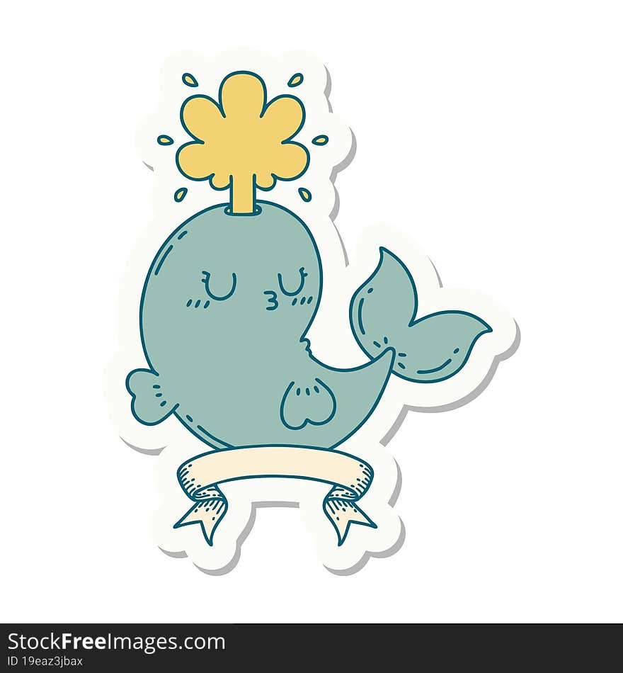 sticker of tattoo style happy squirting whale character