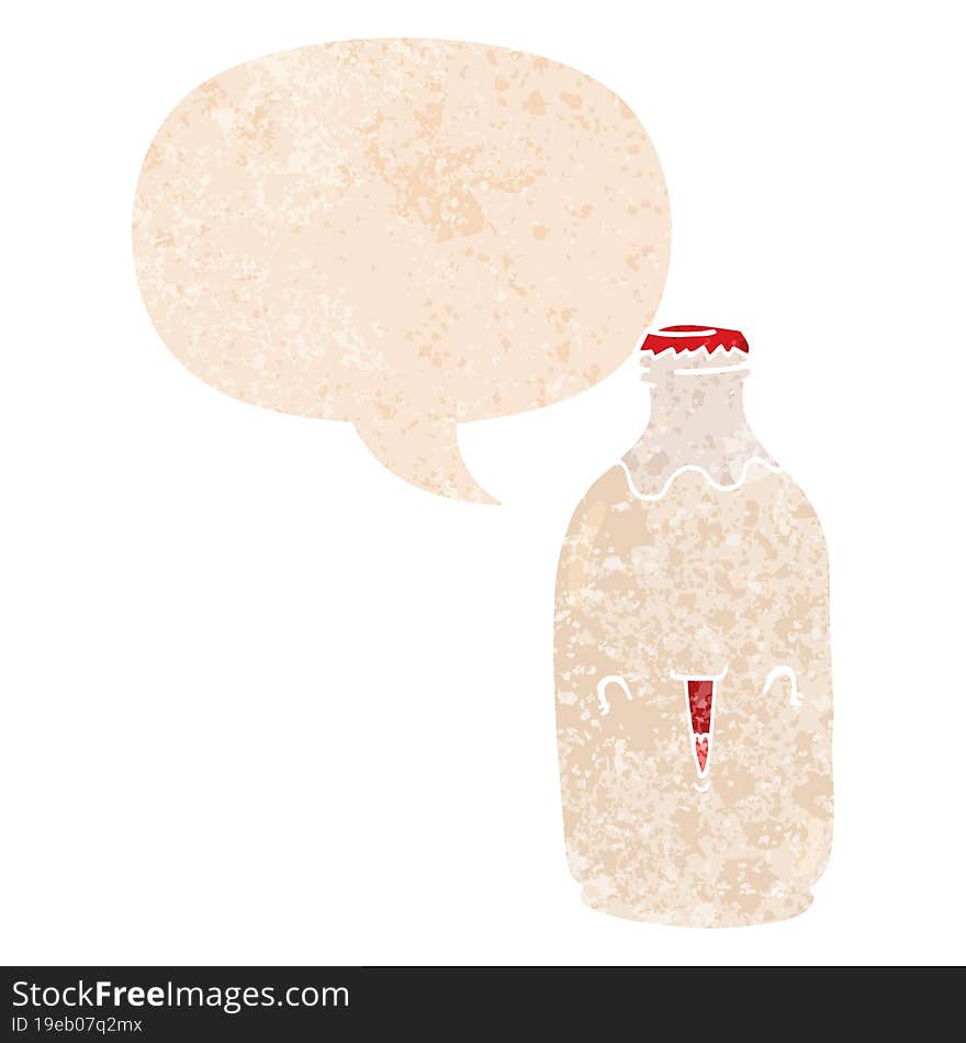 cute cartoon milk bottle with speech bubble in grunge distressed retro textured style. cute cartoon milk bottle with speech bubble in grunge distressed retro textured style