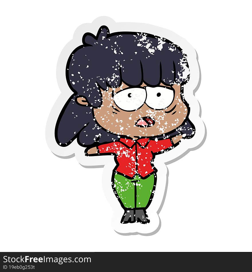 distressed sticker of a cartoon tired woman