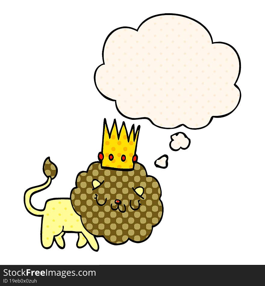 cartoon lion with crown and thought bubble in comic book style