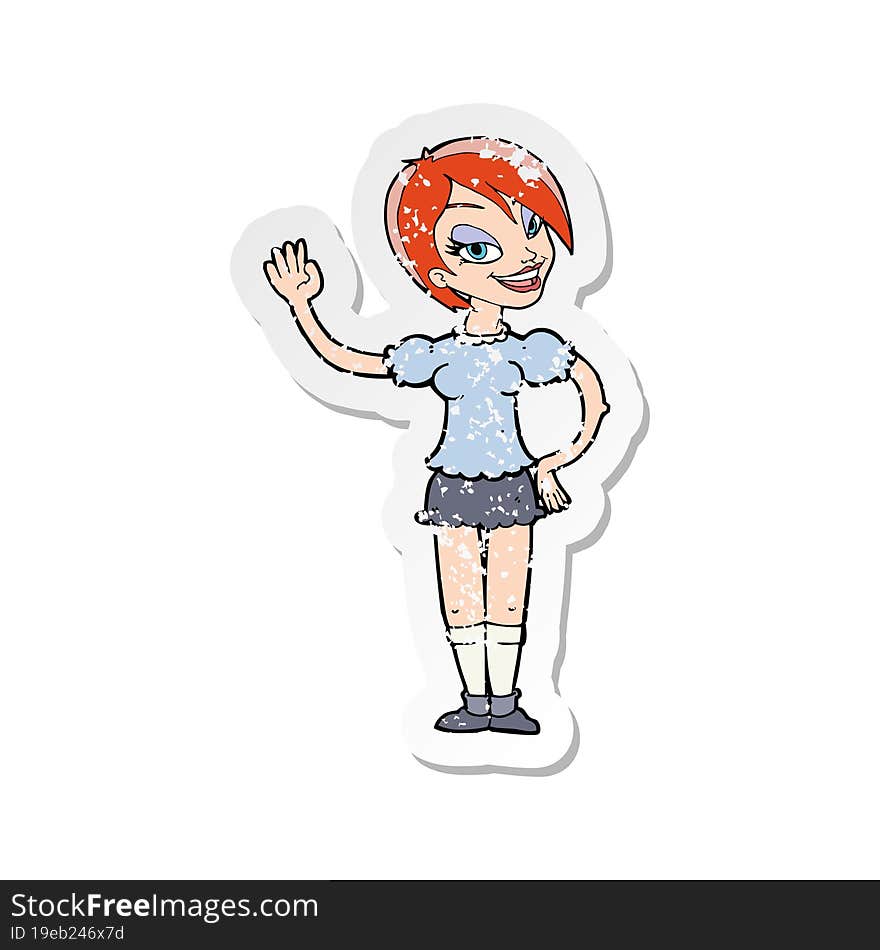 Retro Distressed Sticker Of A Cartoon Waving Woman