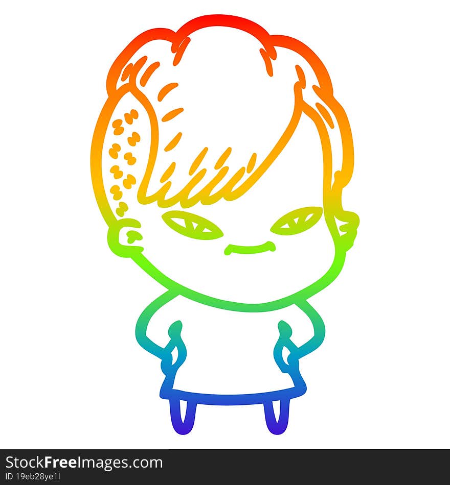 Rainbow Gradient Line Drawing Cute Cartoon Girl With Hipster Haircut