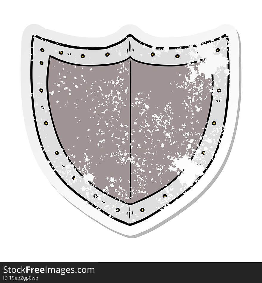 distressed sticker of a cartoon shield