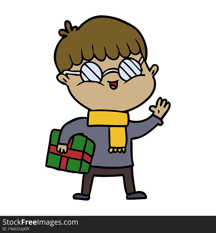 cartoon boy wearing spectacles carrying gift. cartoon boy wearing spectacles carrying gift