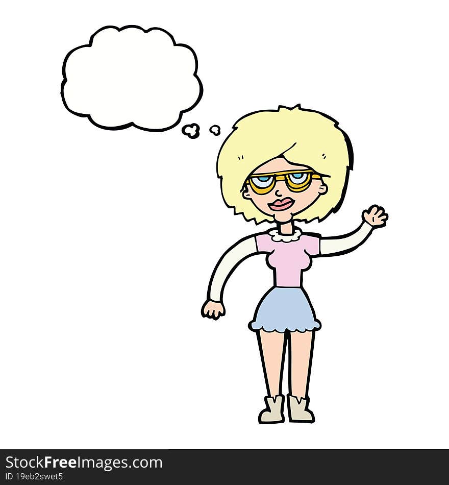 Cartoon Waving Woman Wearing Spectacles With Thought Bubble