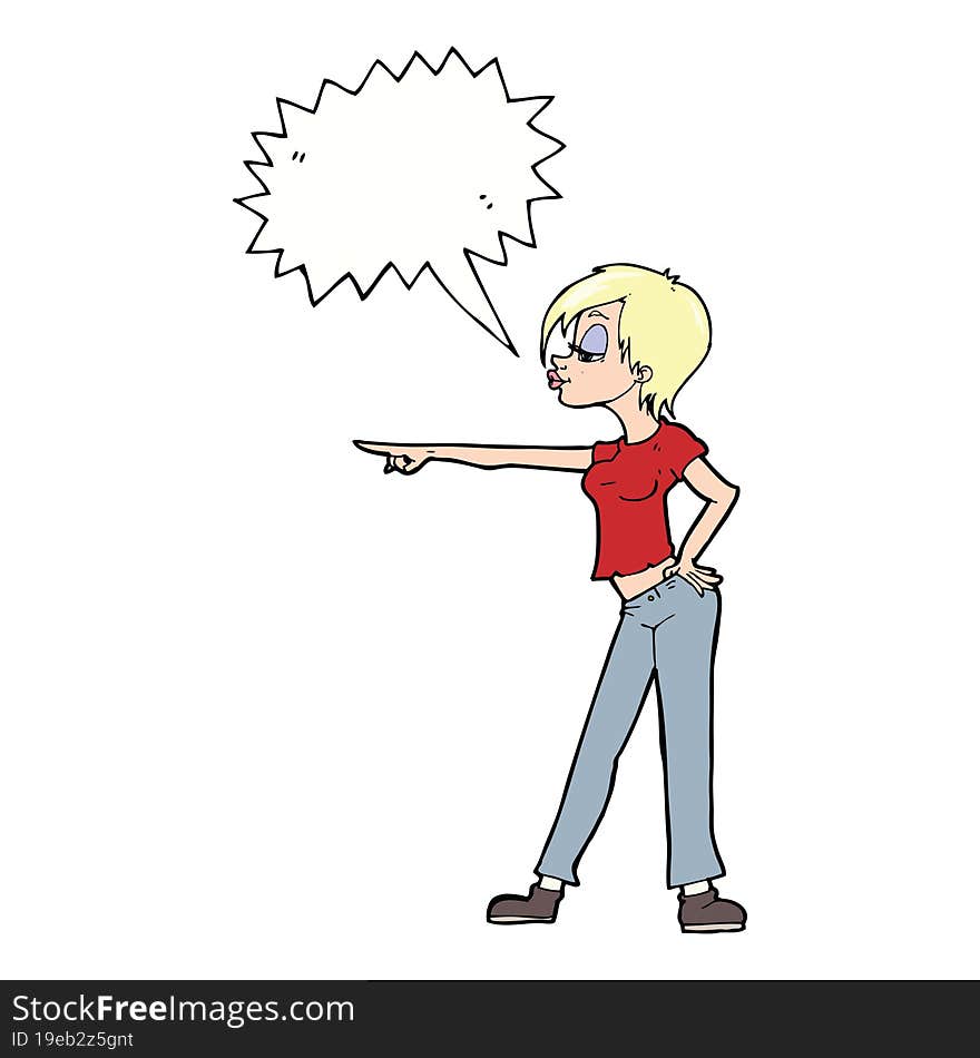 cartoon hip woman pointing with speech bubble