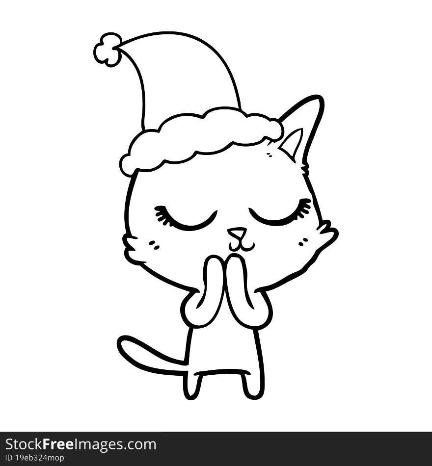 calm line drawing of a cat wearing santa hat