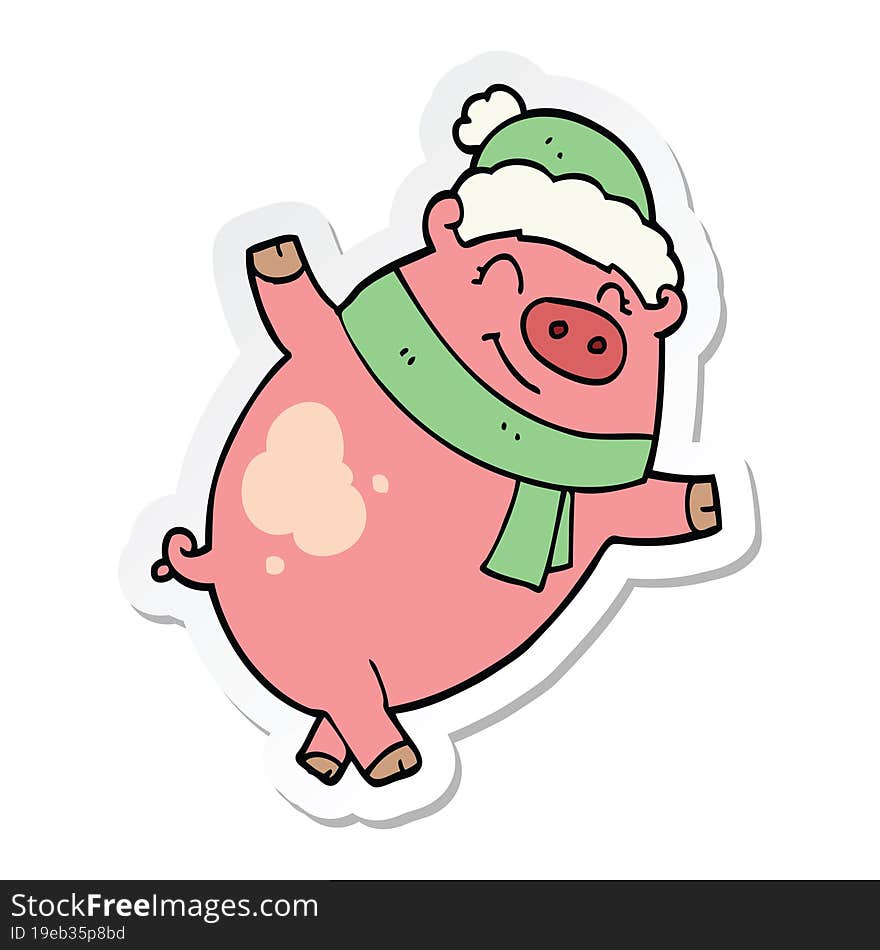 Sticker Of A Cartoon Pig Wearing Christmas Hat