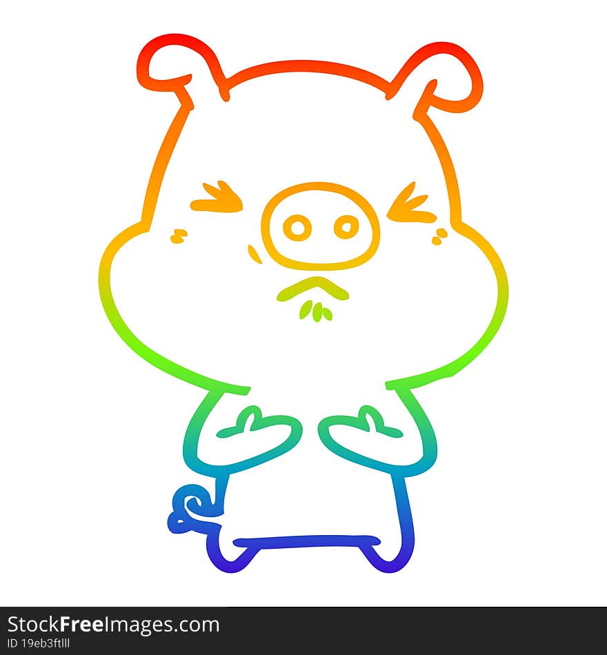 Rainbow Gradient Line Drawing Cartoon Angry Pig