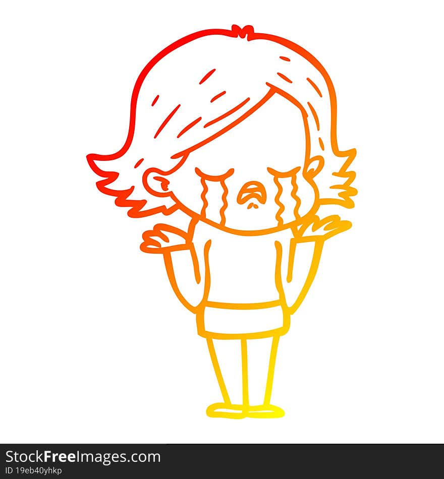 warm gradient line drawing of a cartoon girl crying