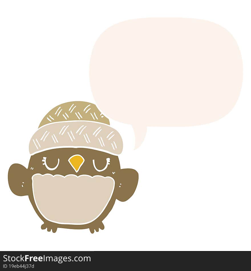 cute cartoon owl in hat and speech bubble in retro style