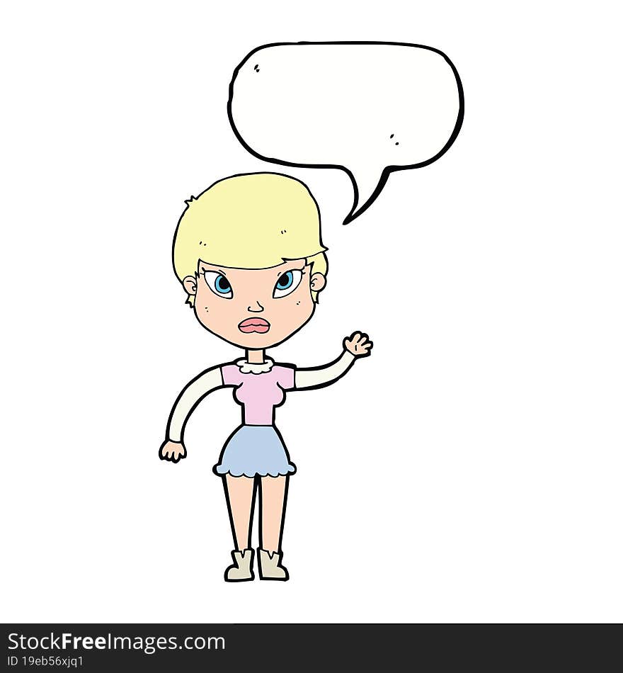 cartoon woman waving with speech bubble