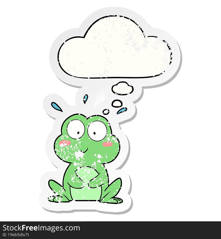 cute cartoon frog and thought bubble as a distressed worn sticker