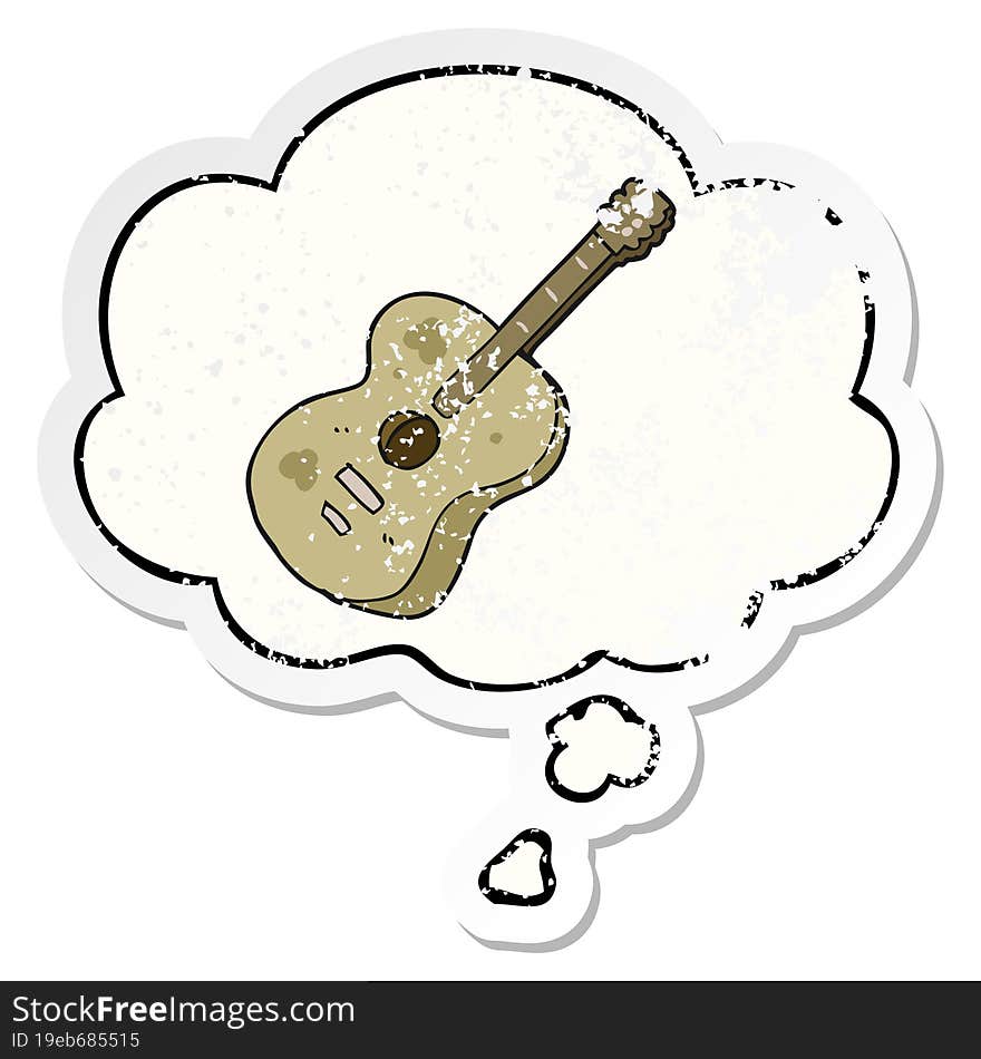 cartoon guitar and thought bubble as a distressed worn sticker