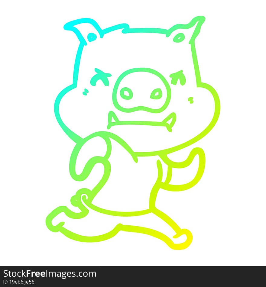 cold gradient line drawing of a angry cartoon pig running