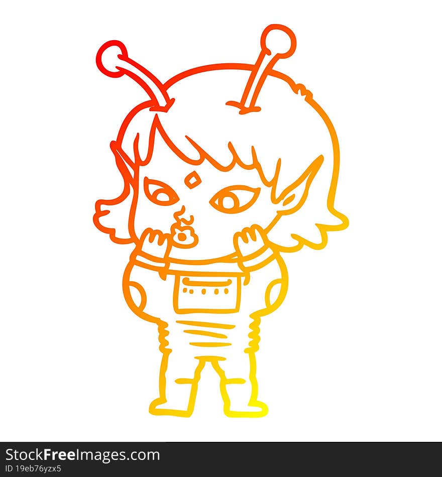 warm gradient line drawing of a pretty cartoon nervous alien girl