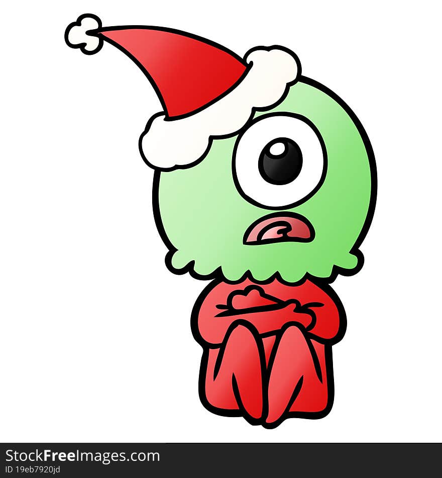 Gradient Cartoon Of A Cyclops Alien Spaceman Wearing Santa Hat