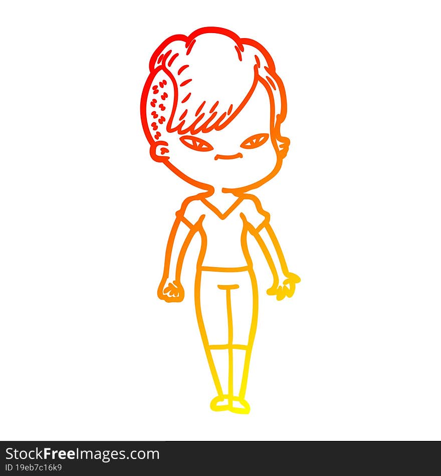 Warm Gradient Line Drawing Cute Cartoon Girl With Hipster Haircut