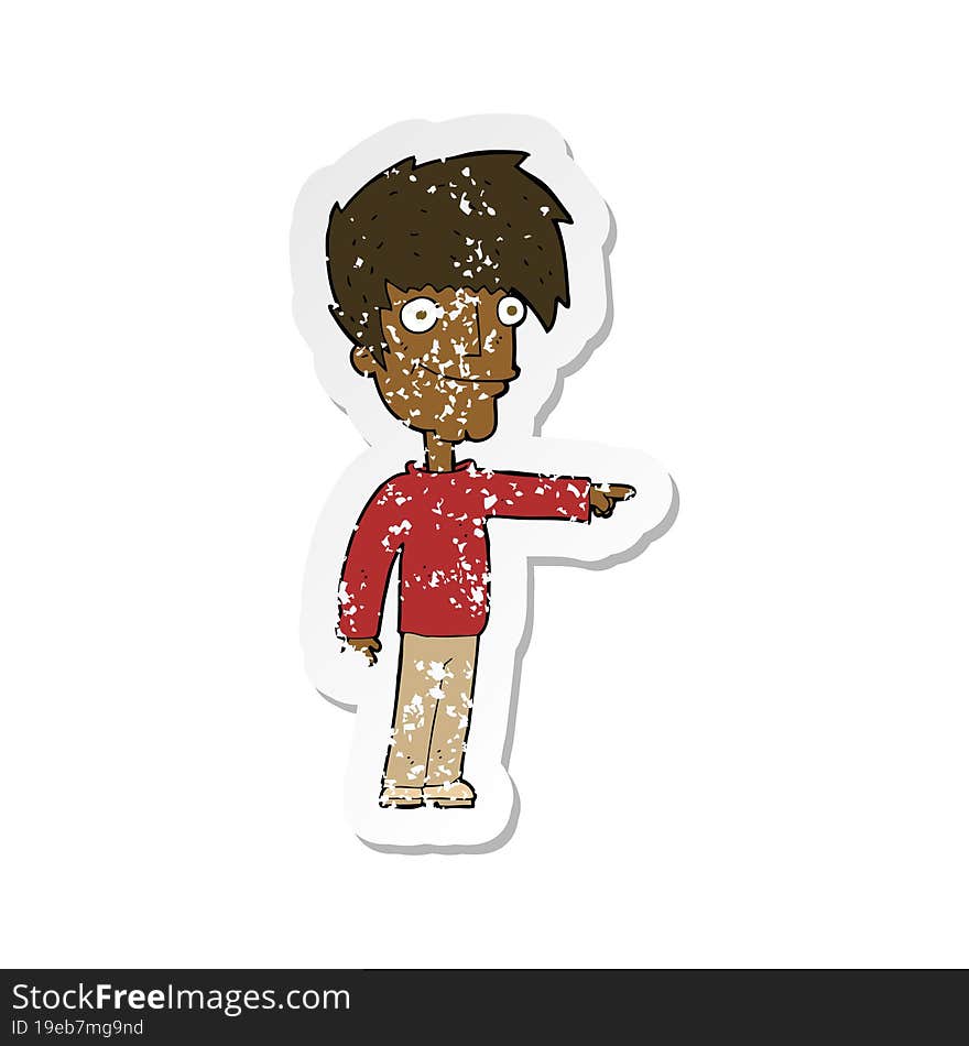 retro distressed sticker of a cartoon happy man pointing