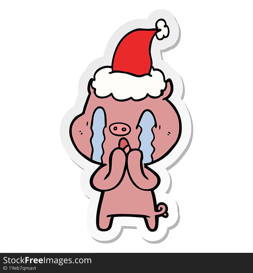 crying pig sticker cartoon of a wearing santa hat