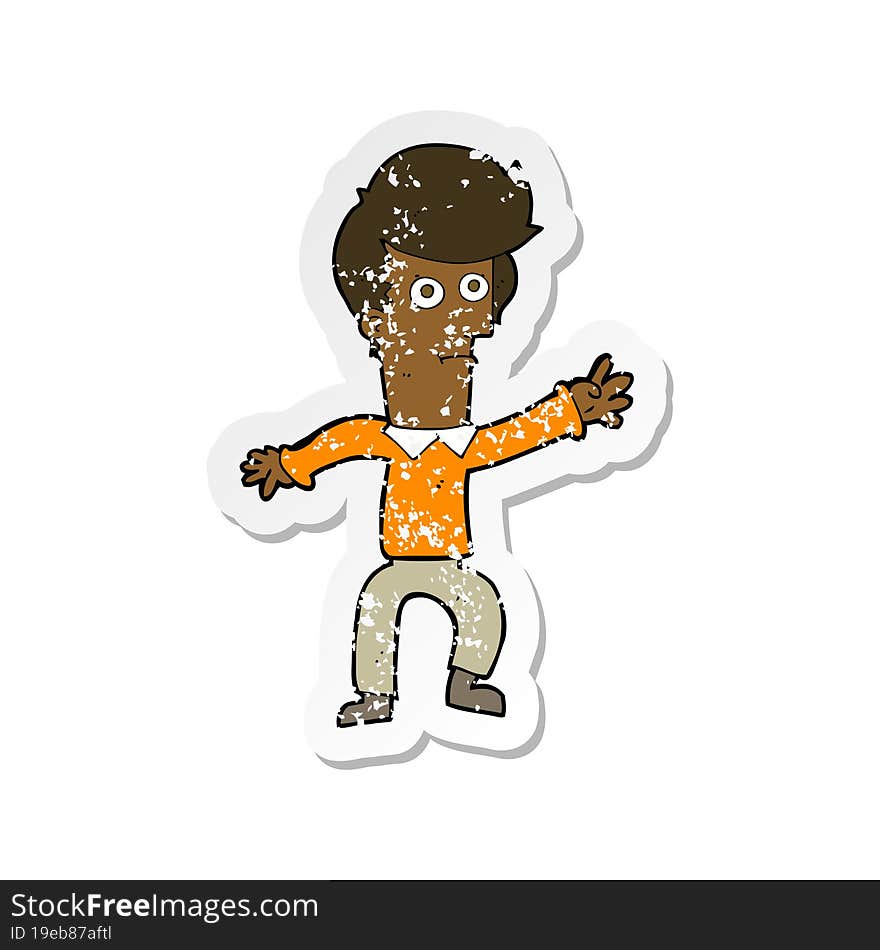 retro distressed sticker of a cartoon man waving