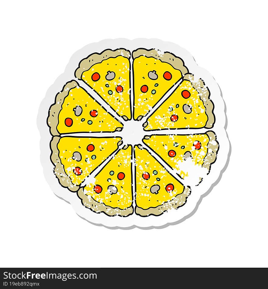 retro distressed sticker of a cartoon pizza