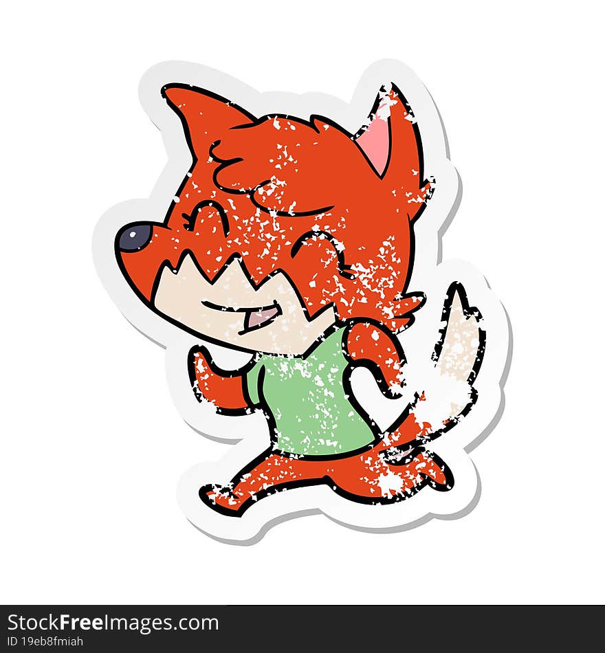 distressed sticker of a happy cartoon fox