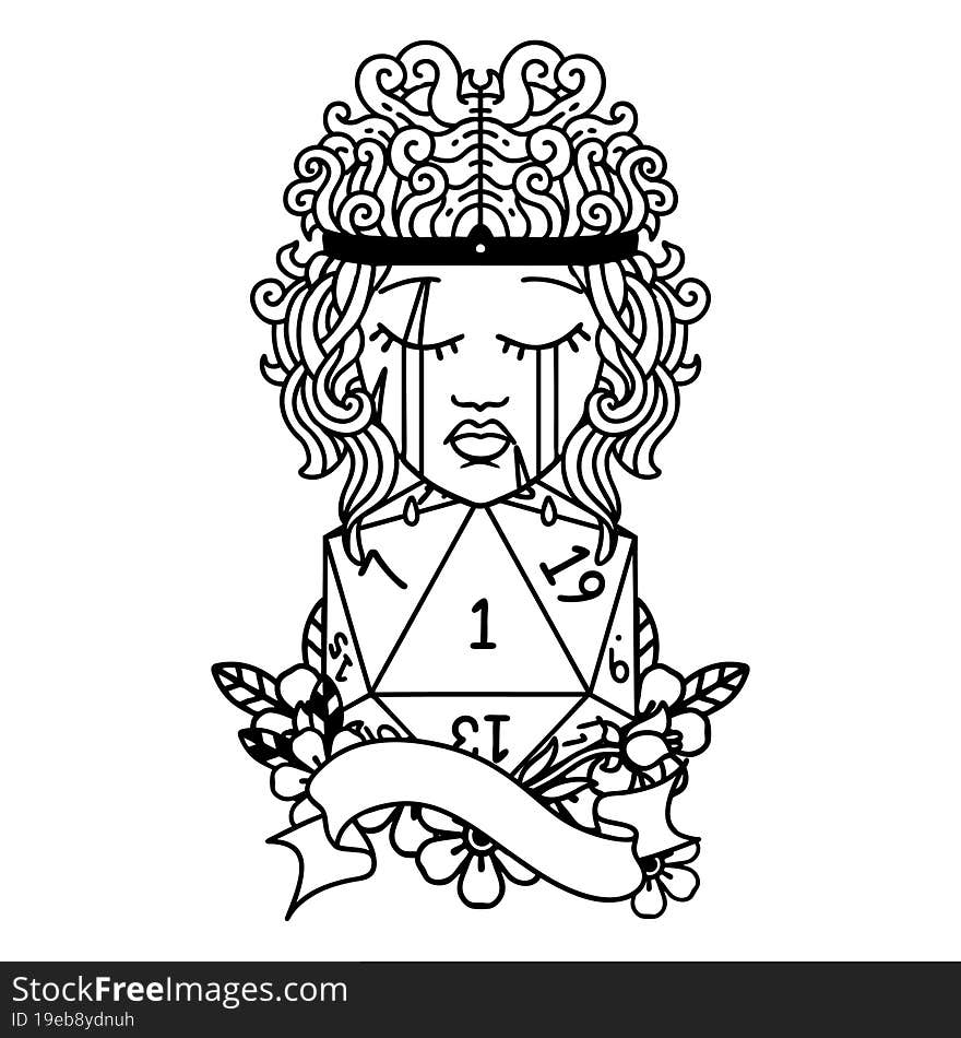 Black and White Tattoo linework Style crying human barbarian with natural one d20 roll. Black and White Tattoo linework Style crying human barbarian with natural one d20 roll