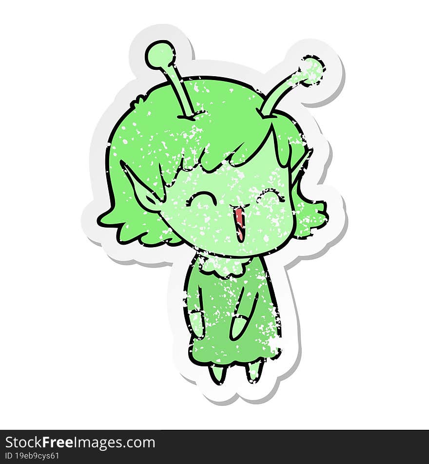 distressed sticker of a cartoon alien girl laughing