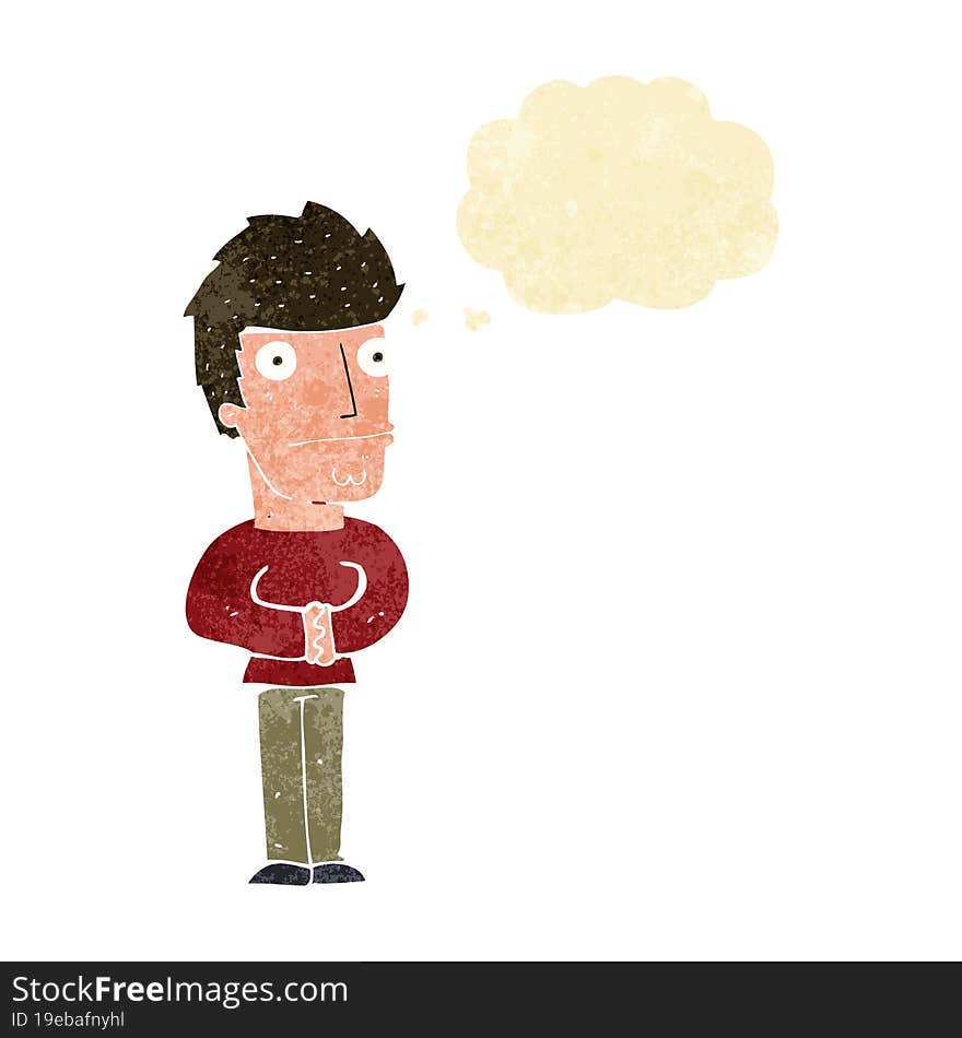 cartoon worried man with thought bubble