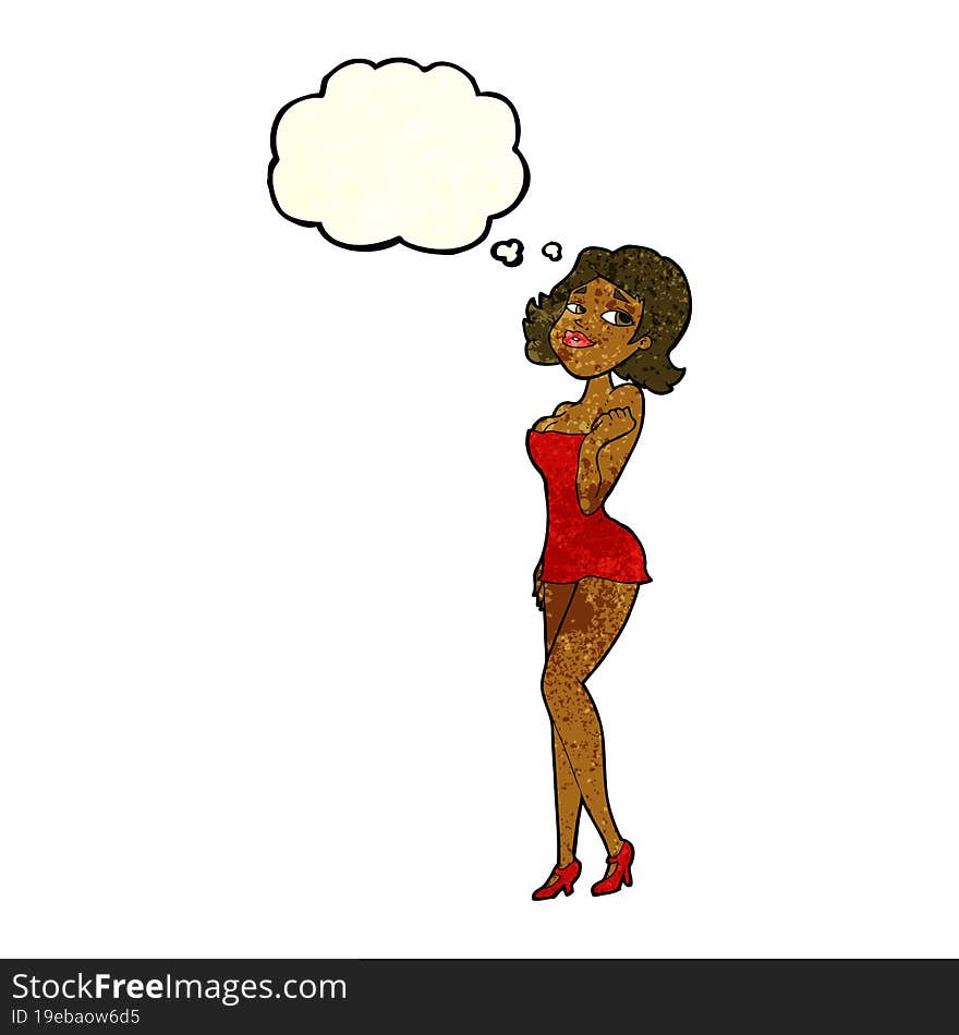 cartoon attractive woman in short dress with thought bubble