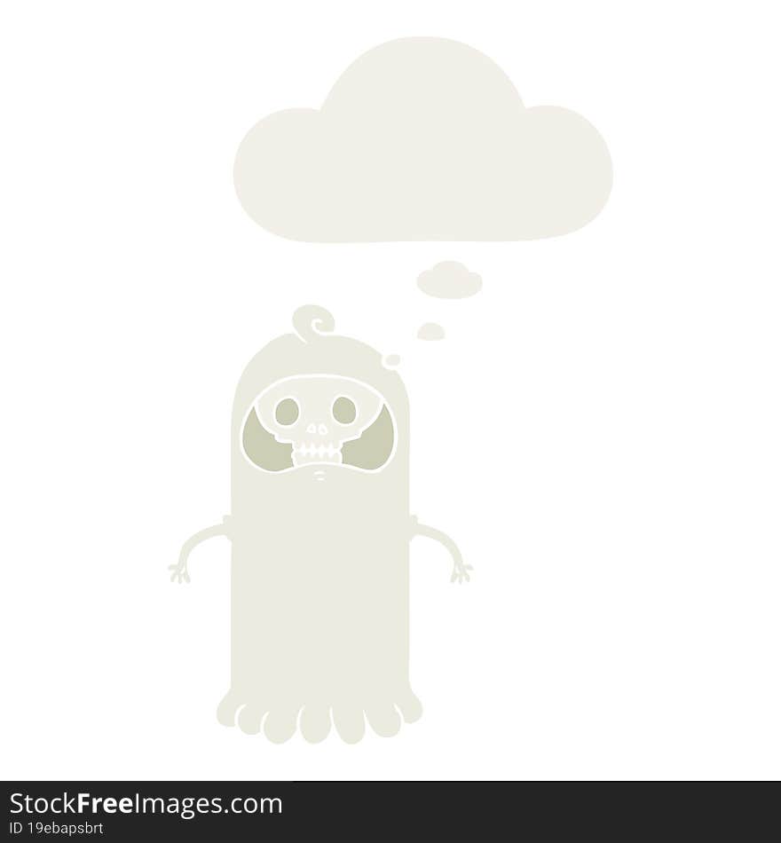 cartoon spooky skull ghost and thought bubble in retro style