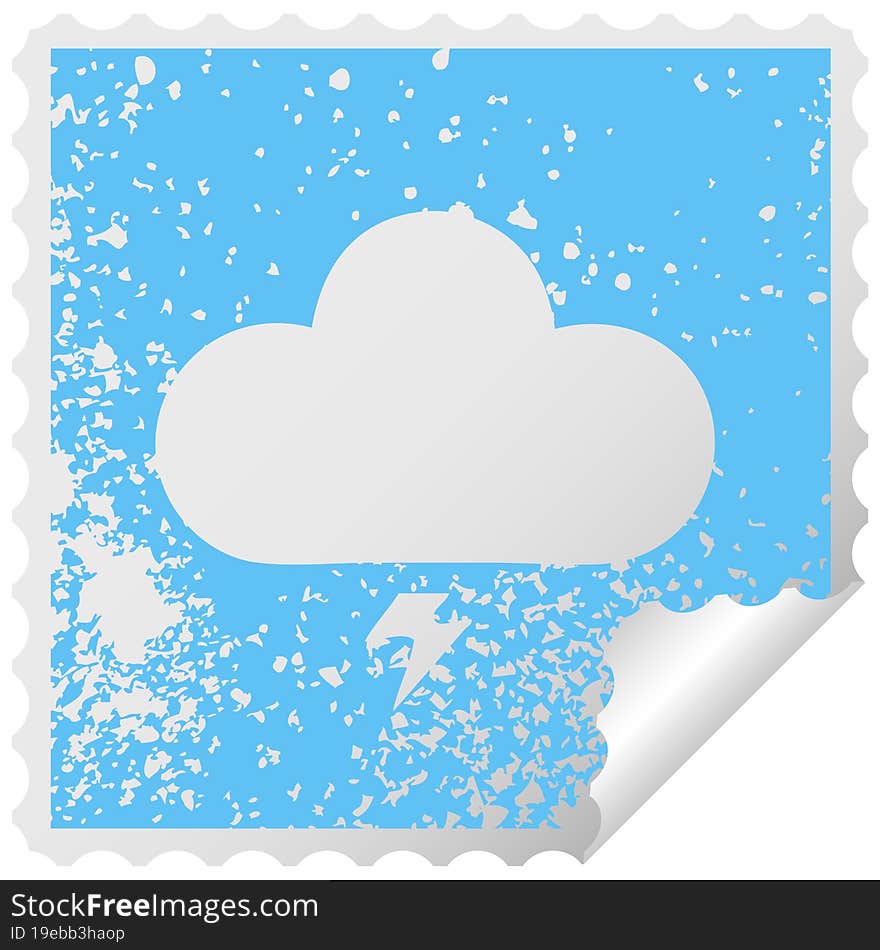 distressed square peeling sticker symbol of a thunder cloud