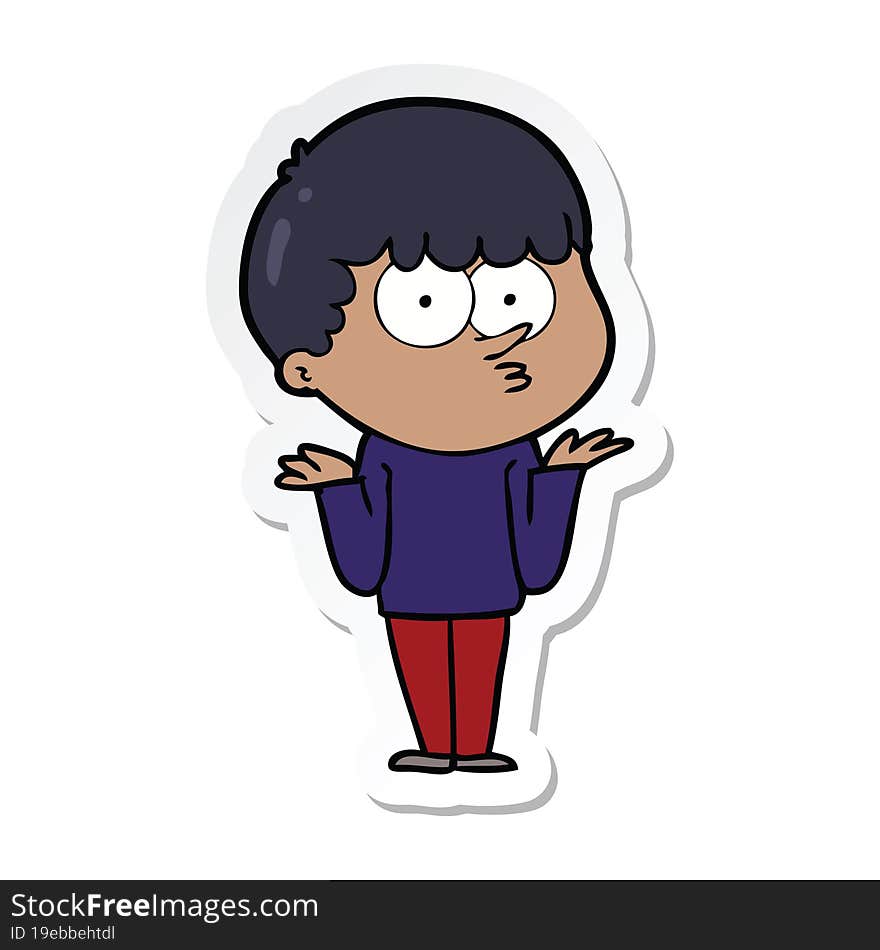 sticker of a cartoon curious boy shrugging shoulders