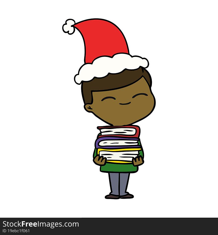 Line Drawing Of A Smiling Boy With Stack Of Books Wearing Santa Hat