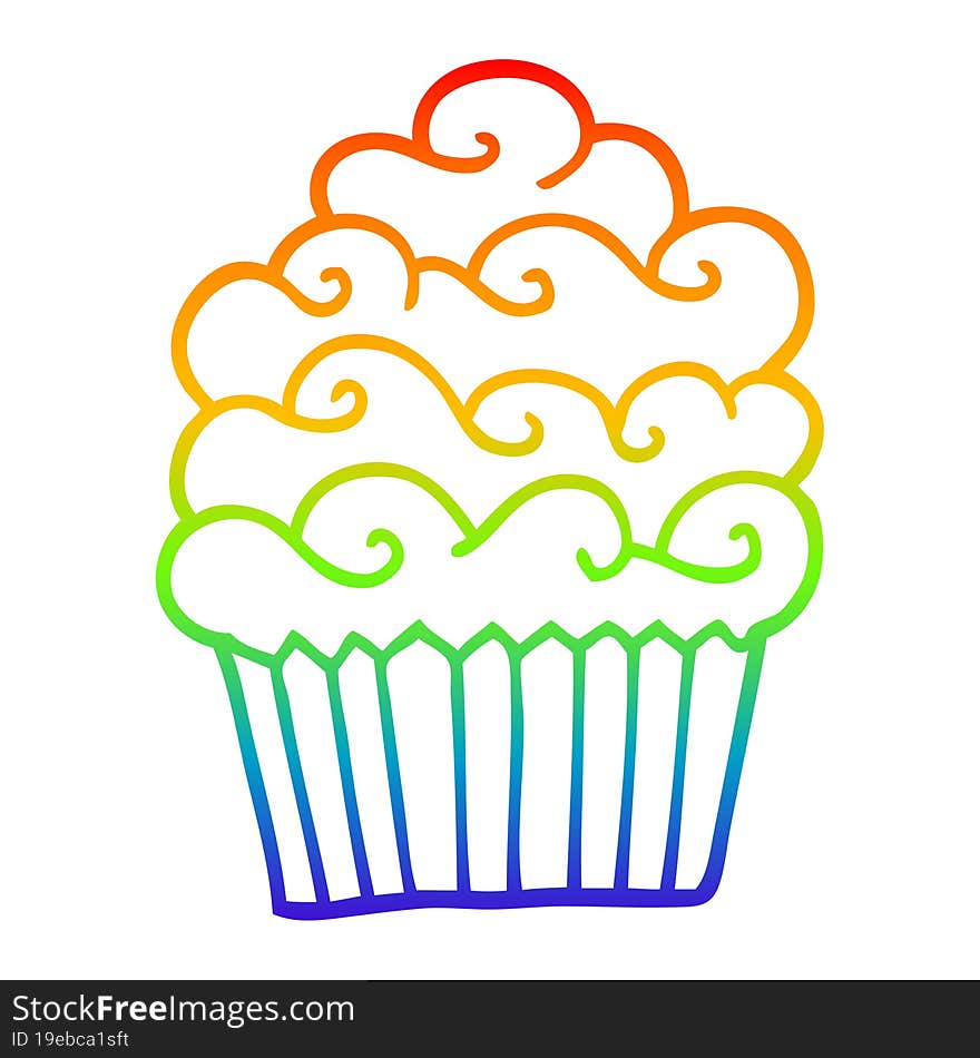 rainbow gradient line drawing of a cartoon vanilla cupcake