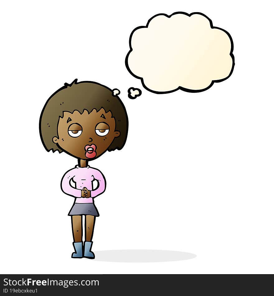 cartoon bored woman waiting with thought bubble