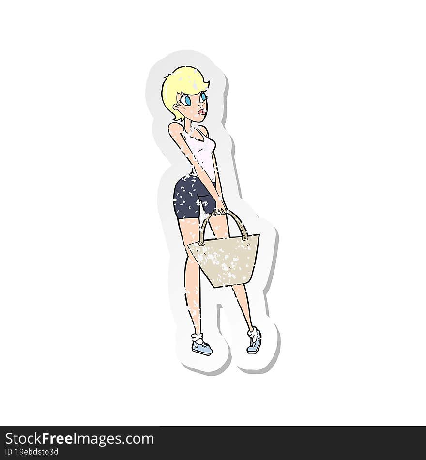 retro distressed sticker of a cartoon attractive woman shopping