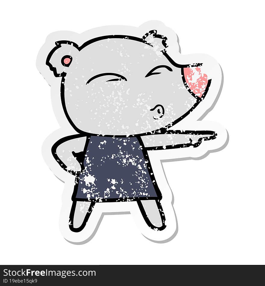 distressed sticker of a cartoon whistling bear in dress